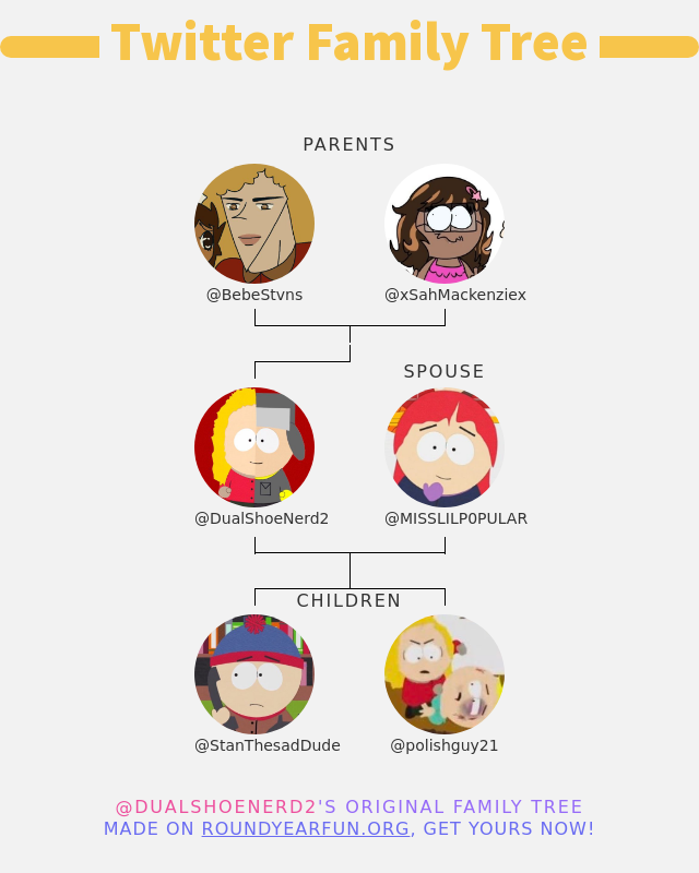 ♡♡Bebe Stevens & Mitch Stevenson (Parody) (@dualshoenerd2) on Twitter photo 👨👩👧👦 My Twitter Family:
👫 Parents: <a href="/BebeStvns/">Bebe Stevens.</a> <a href="/xSahMackenziex/">Sah Mackenzie(🏚️)</a>
👰 Spouse: <a href="/MISSLILP0PULAR/">Red McArthur</a>
👶 Children: @StanThesadDude <a href="/polishguy21/">🇵🇱Guyfrompolish🇵🇱</a>
➡️ anyplacehere.me/twitterfamily?… 👨👩👧👦 My Twitter Family:
👫 Parents: <a href="/BebeStvns/">Bebe Stevens.</a> <a href="/xSahMackenziex/">Sah Mackenzie(🏚️)</a>
👰 Spouse: <a href="/MISSLILP0PULAR/">Red McArthur</a>
👶 Children: @StanThesadDude <a href="/polishguy21/">🇵🇱Guyfrompolish🇵🇱</a>
➡️ anyplacehere.me/twitterfamily?…