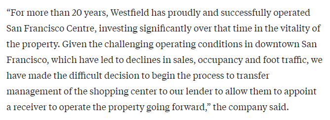 KevinKileyCA's tweet photo. The collapse of Newsom's San Francisco is accelerating. Westfield just surrendered its famous downtown mall. https://t.co/iVK4YnBdGN