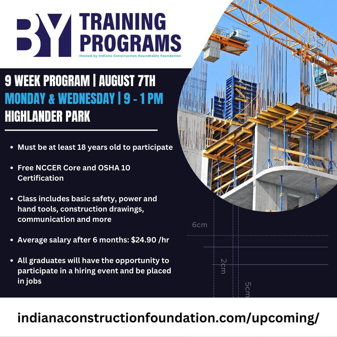 Let the BY team help you find your passion in the construction trades! Our students will spend 9 weeks learning the construction basics and earning their NCCER and OSHA 10 certificates.  @CICFoundation @Warren_Adult_Ed 
Register: indianaconstructionfoundation.com/events/94-by-c…
