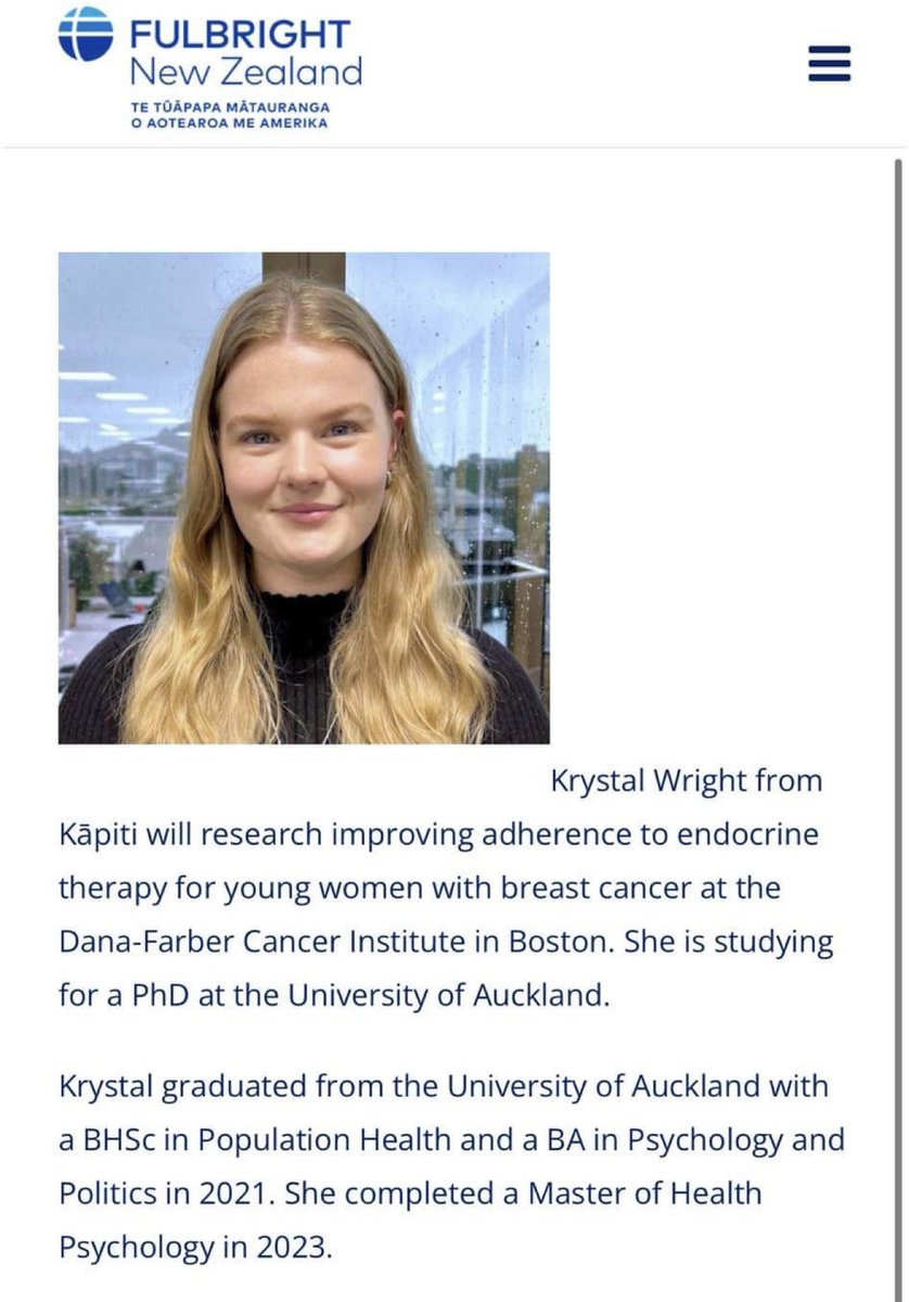 Health Psychology Auckland (@healthpsychakl) on Twitter photo Huge congrats to PhD student <a href="/KrystalKWright/">Krystal Wright</a> for receiving a <a href="/FulbrightPrgrm/">The Fulbright Program</a> scholarship! 🎉 Krystal will be heading to Boston to conduct research to improve adherence to endocrine therapy. She is supervised by Prof @KeithPetrie 💊 <a href="/FMHS_UoA/">Faculty of Medical and Health Sciences UoA</a> Huge congrats to PhD student <a href="/KrystalKWright/">Krystal Wright</a> for receiving a <a href="/FulbrightPrgrm/">The Fulbright Program</a> scholarship! 🎉 Krystal will be heading to Boston to conduct research to improve adherence to endocrine therapy. She is supervised by Prof @KeithPetrie 💊 <a href="/FMHS_UoA/">Faculty of Medical and Health Sciences UoA</a>