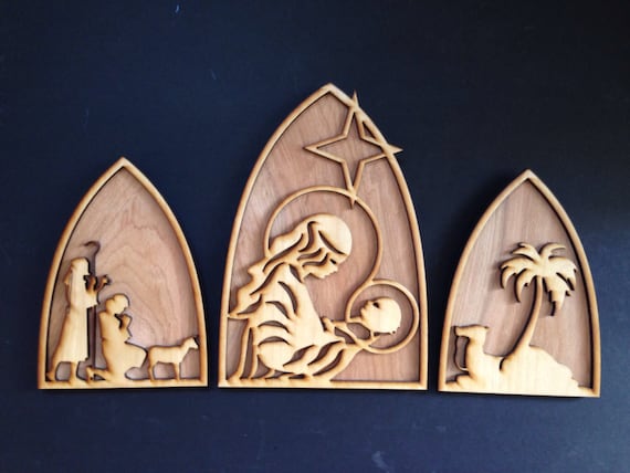 Three Piece Nativity etsy.me/3LJuYrH #giftforwomen #giftformen #homedecor #giftforcouple #giftforhome #scroll #christmas #wood @etsymktgtool