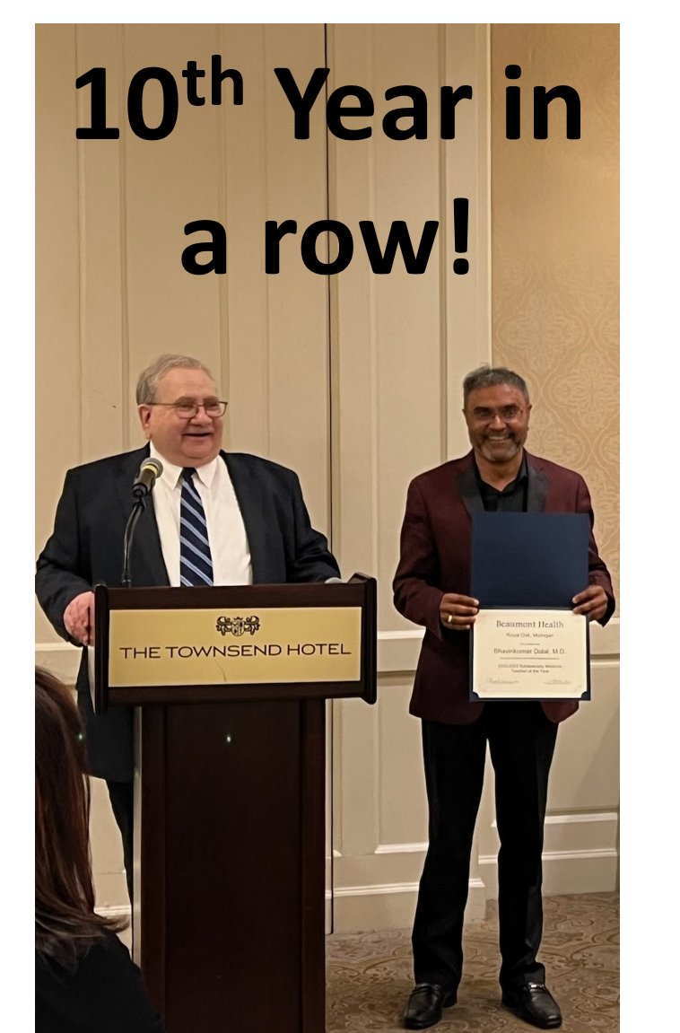 Bhavinddalal's tweet photo. Two educator awards in the last two months!
1. Teacher of the year/subspeciality teacher of the year, 10th year in a row, from #Beaumont/Corewell Health IM Residents!
2. Clinical Science Educator Award, #OUWB School of Medicine, 3rd time in last 7 years! https://t.co/tixlK6HRQR