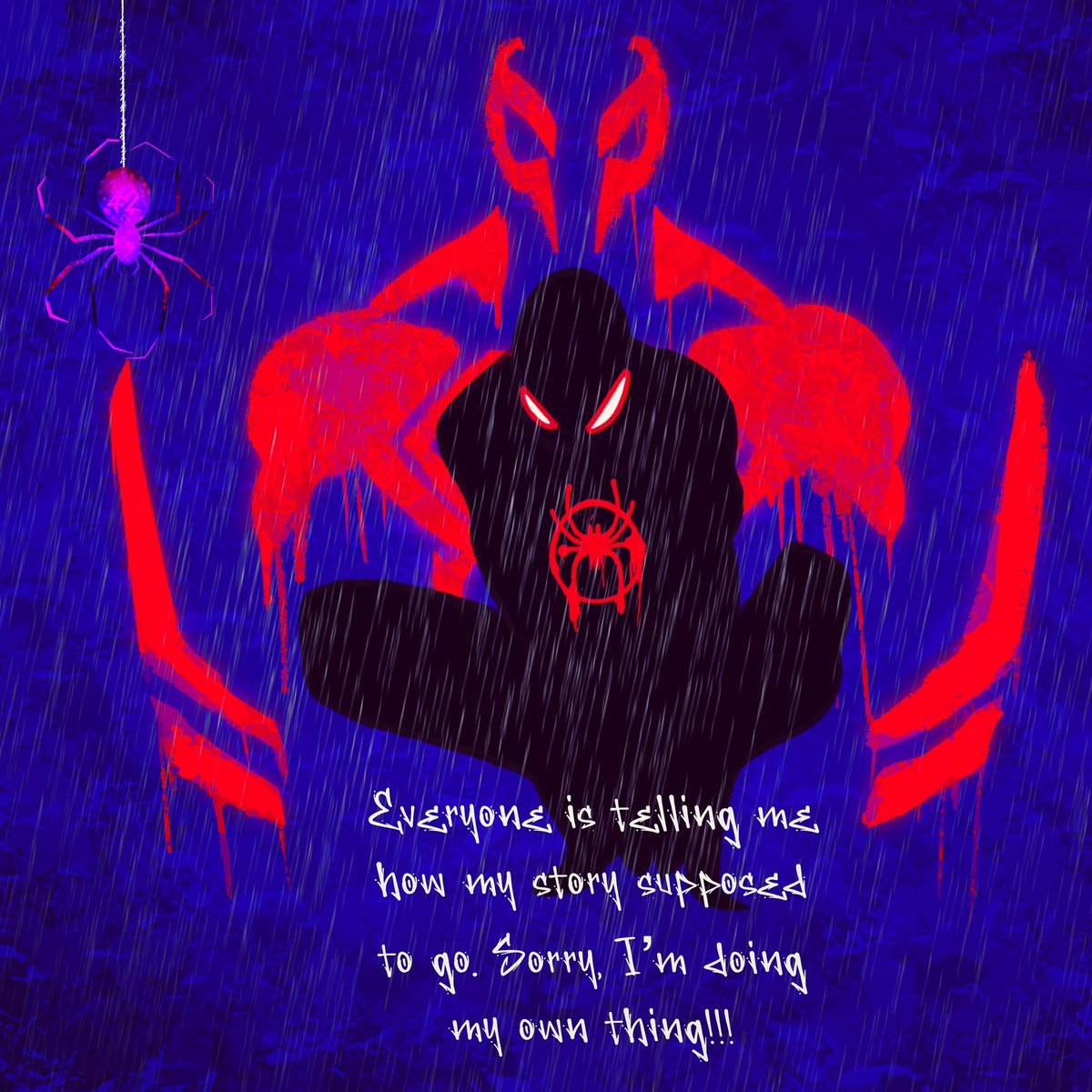 kingjaviaire's tweet photo. Everyone is telling me how my story supposed to go. Sorry, I’m doing my own thing. #spiderverse #spiderman #milesmorales #spidermanmovie #spiderman2099 #milesmoralesvsspiderman2099 #marvel #marvelstudios #marvelstudios #marvelcinematicuniverse #procreate #procreateart https://t.co/5RnxcQ4rl3