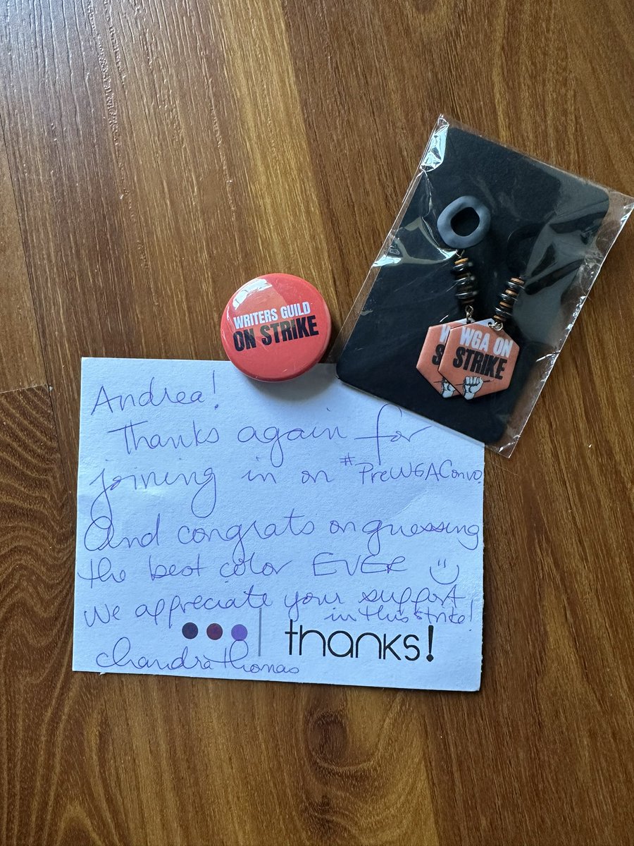 Thank you <a href="/chandra7thomas/">chandra thomas</a> and <a href="/PreWGAStrike/">Pre-WGA Strike Support</a> for the awesome earrings and pins! Proud writer and happy to stand among some badass people! <a href="/WGAWest/">Writers Guild of America West</a> #WGAStrike #WGAStrong