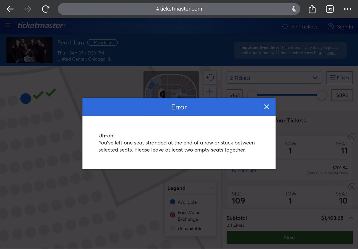 ntclwheelr's tweet photo. @PearlJam just trying to buy tickets to your Sept 7th show in Chicago. Not only do I have to pay all the @Ticketmaster fees but I can’t even purchase 2 tickets because there happen to be 3 available. https://t.co/KlOEwWiHv5