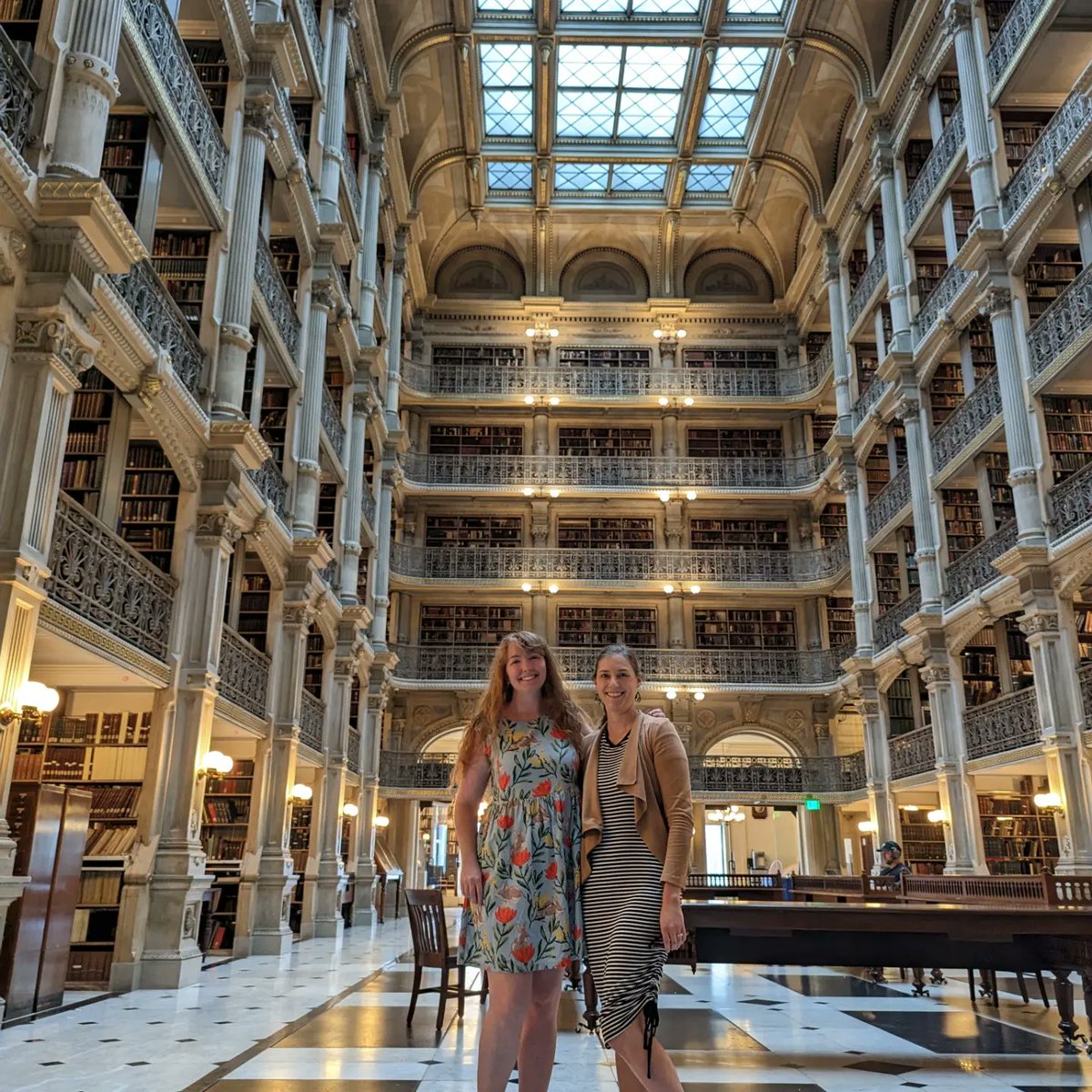 DrKEWatson's tweet photo. Exploring Peabody library with Libby McCourt in Baltimore before delivering a @DisasterPharmy emergency training workshop at the #ASHPSM23 conference tomorrow. Oldest book we found in the public section was from 1175 😲 https://t.co/fncDpasfNY