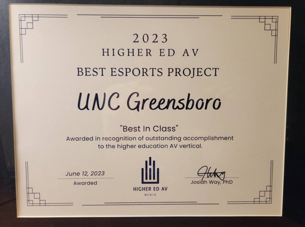 At the HigherEdAV awards show UNCG accepted the best esports project award. I want to recognize <a href="/AVLKell/">Joshua Kell</a> and the team at Esports Integration and Horizon AVL System Integration. Their understanding of the verticle and strategic vision has allowed the program to thrive. #InfoComm23