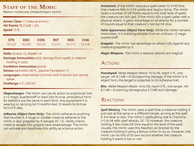 #justanothermimicmonday

Staff of the Mimic
It's a cheap knockoff, but useful till it gets hungry.

Link in Thread Below

#dnd #dnd5e #dungeonsanddragons #ttrpg #horrorrpg #opendnd #dndhomebrew