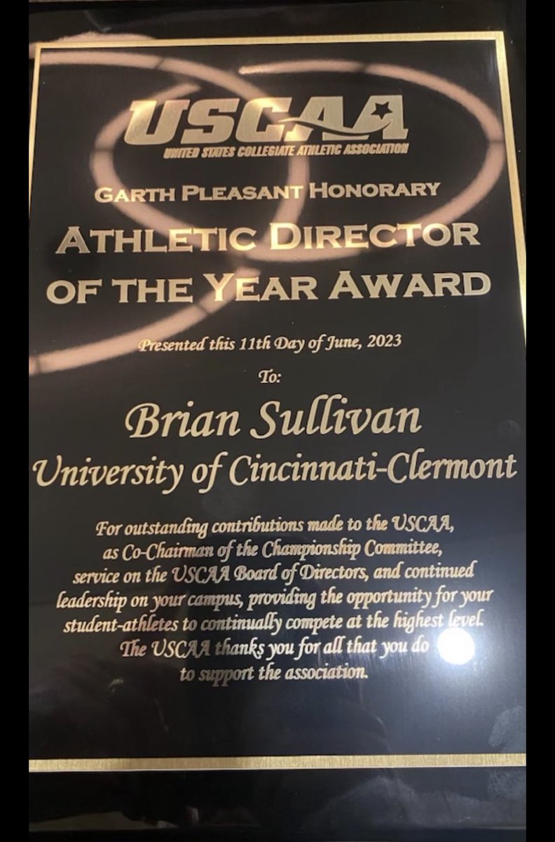 Congratulations to UC Clermont Athletic Director Brian Sullivan for earning USCAA 2023 Director of the year! #CougarPride #WellDeserved