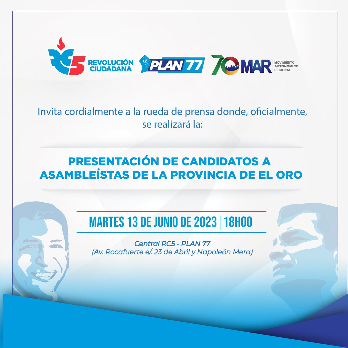 RODDYenca's tweet photo. 📢#PresentaciónCandidatos🙋♀️🙋♂️
👉 @RC5ElOroOficial - @ElOroMAR70 y #Plan77 invitan a la presentación de los/as candidatos a asambleístas 👍
📌Martes 13 de junio
🕒18:00
📍Rocafuerte / 23 de abril y Napoleón Mera
😉#VotaTodo5!🖐️ #LuisaPresidenta #VolveremosAserPatria https://t.co/BVkkMfOwSu