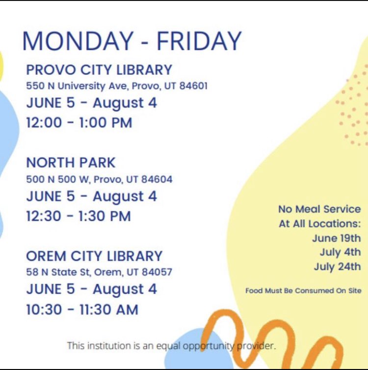 ProvoLibrary's tweet image. The Provo Library, along with the Boys and Girls Club of Utah County will be offering FREE meals for kids 0-18 through August 4th. More details in the photos 👇