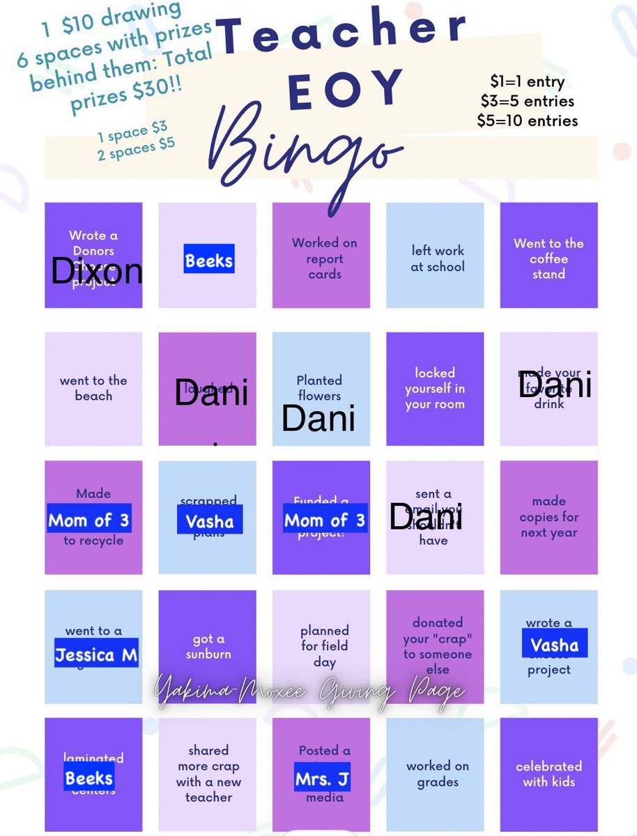 7 spots donated to 3 amazing teachers yesterday! 12 spaces left! $3 for 1 spot or 2 for $5. That's for Bingo! $1  for a $10 drawing! $2 for $10 drawing. $3 gives you entry for $10 and a possible Bingo surprise! donorschoose.org/moxee-elementa… <a href="/MrMarvelTeacher/">Ken the Marvel Teacher</a> <a href="/LoriTecler/">Lori Tecler</a> <a href="/classroommusic1/">Classroommusic1</a>