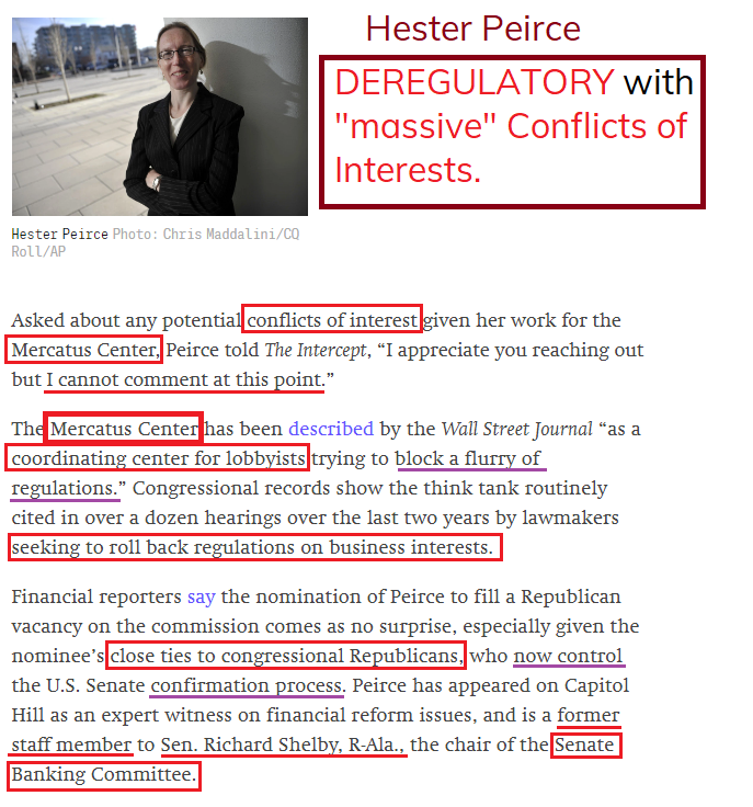 SEC nominee Hester Peirce received 98 percent of her salary directly from the Mercatus Center, a “think tank” that provides an academic façade to a radical anti-regulatory agenda.  

🚨The Mercatus Center has been described by the Wall Street Journal “as a coordinating center for…