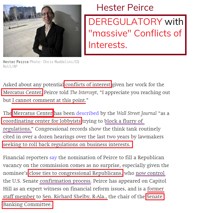 EduardBrichuk's tweet photo. SEC nominee Hester Peirce received 98 percent of her salary directly from the Mercatus Center, a “think tank” that provides an academic façade to a radical anti-regulatory agenda.  

🚨The Mercatus Center has been described by the Wall Street Journal “as a coordinating center for lobbyists trying to block a flurry of regulations."🚨

Link: https://t.co/NjvGIGcgep