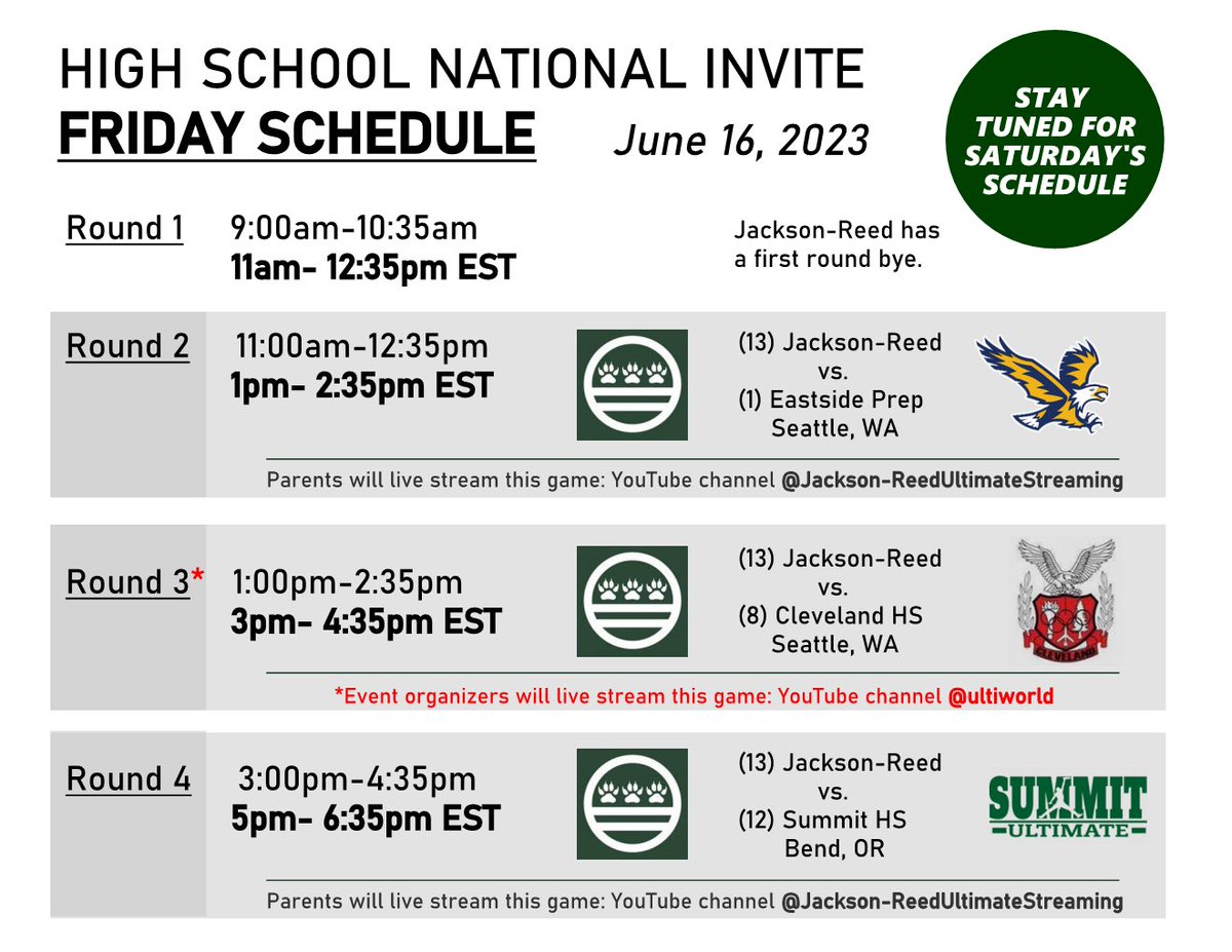 📌 Tigers Ultimate will have their High School National Invite games live-streamed on YouTube! See Friday’s schedule below. ⬇️ #HSNI23  💚🤍 @JRTigerAthletic