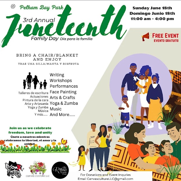 Sunday June 18, 2023-  3rd Annual Juneteenth Family Day at Pelham Bay Park! With Music, Workshops, Performances, Face Painting, Arts + Crafts and so much more for the whole family!
#Juneteenth2023 #FamilyDay #pelhambaypark #freeevent #artsandcrafts #bronx #NewYork #familyevents