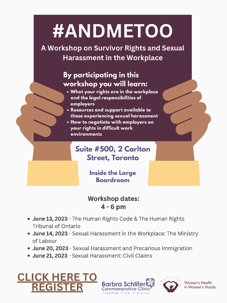 The <a href="/schliferclinic/">Schlifer Clinic</a> and <a href="/WHIWHCHC/">WHIWH CHC</a>  CHC are partnering to offer a legal information workshop series for women &amp; gender-diverse people working in the hospitality/service industry who are experiencing or at risk of experiencing sexual harassment.
Register: shorturl.at/eAEH3