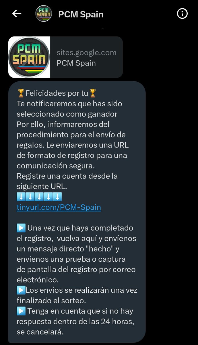 PCM_Spain's tweet image. IMPORTANTE: 

Nos han comunicado que os ha llegado a varios de vosotros este mensaje. NO SOMOS NOSOTROS, es una cuenta que se dedica a robar los datos con el mensaje que envía. Denunciad dicha cuenta para que dejen de actuar.