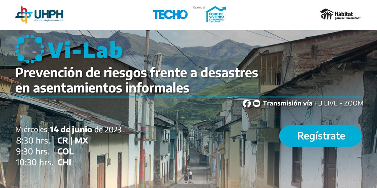 PlataformaUHPH's tweet photo. En camino al 5to. Foro de Vivienda y Hábitat, Latinoamérica y el Caribe se llevará a cabo el 🏡 #ViLab "Prevención de riesgos frente a desastre en asentamientos informales" en colaboración con TECHO | TETO donde habrá un abordaje a la prevención del riesgo en vivienda. https://t.co/fcuHGoK95I