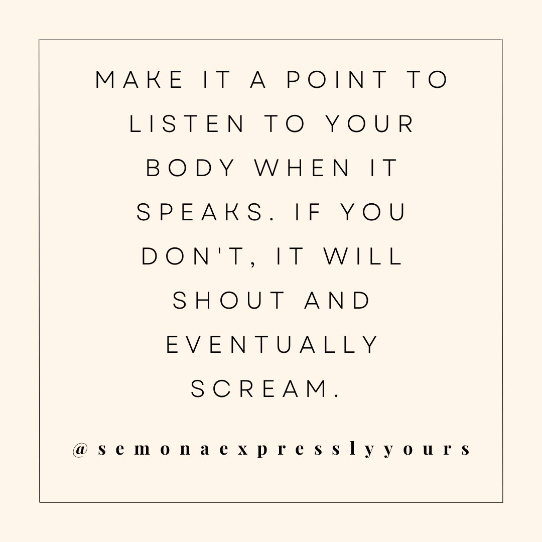 SemonaExpressly's tweet image. OFTEN times we can fall into the trap of ignoring the signs our bodies give us. Make it the norm to listen when your body calls for a break. Ignoring the prompts can cause you to break down. #ExpresslyYours #ForReign #ForPurpose #serve #inspire #encourage #semonaexpresslyyours