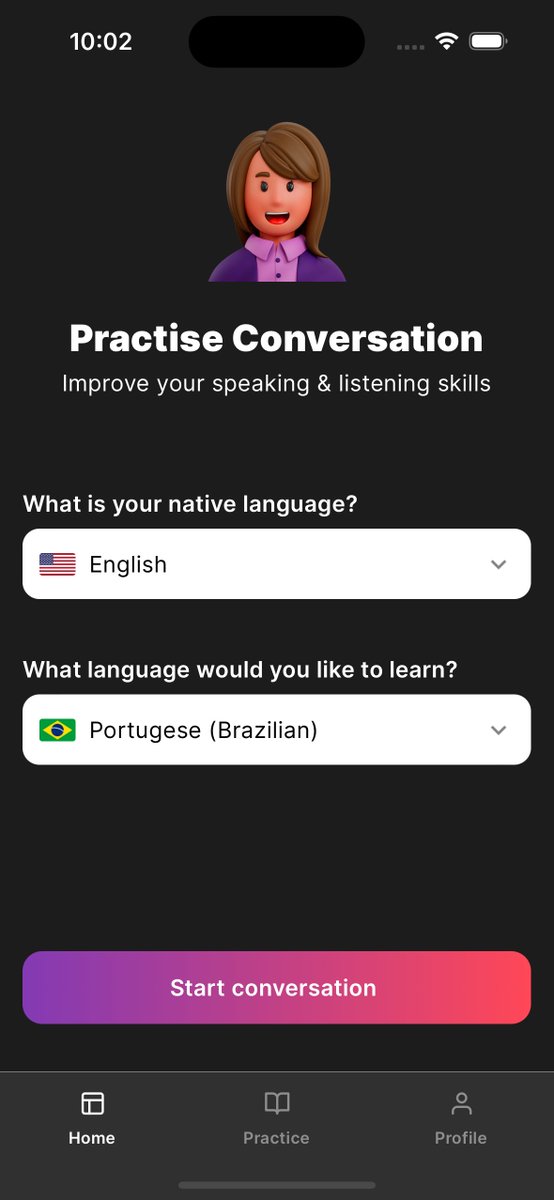 Now you can choose which language to have a practise conversation in 🤩

Built using #ReactNative #expo 

#buildinginpublic #buildinpublic #100daysofcoding #blacktechtwitter