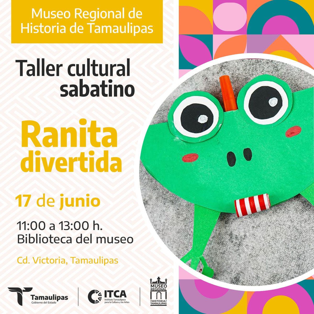¡Atención padres de familia! 
Los invitamos a venir con sus pequeñines al taller del próximo sábado llamado 'Ranita divertida'.
¡Asiste y pasa un rato agradable en el #MuseoRegional! 
#EntradaGratuita | 22 Allende, esq. | #CdVictoria