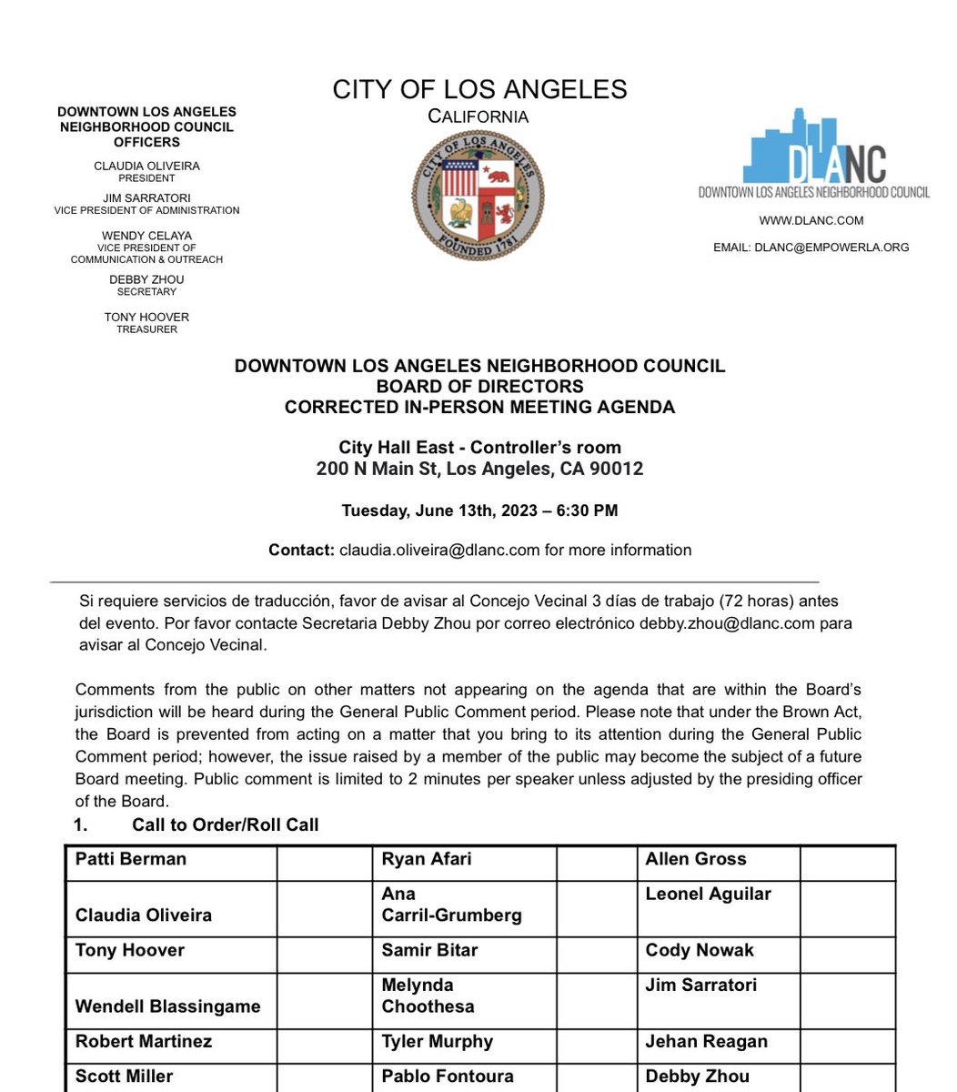 DOWNTOWN LOS ANGELES NEIGHBORHOOD COUNCIL BOARD OF DIRECTORS
IN-PERSON MEETING AGENDA
City Hall East - Controller’s room
200 N Main St, Los Angeles, CA 90012

DLANC.COM