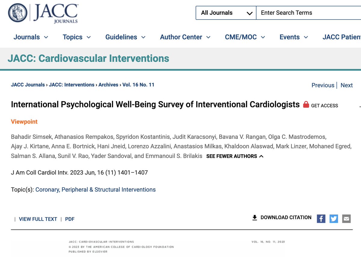 Our study on the well-being of interventional cardiologists is online! Many thanks to @esbrilakis @S_Kostantinis @RempakosT @JuditKaracsonyi @m1chaella_alex @Bavana_Rangan @yadersandoval @AllanaSalman @MHIF_Heart ... Link: jacc.org/doi/10.1016/j.…