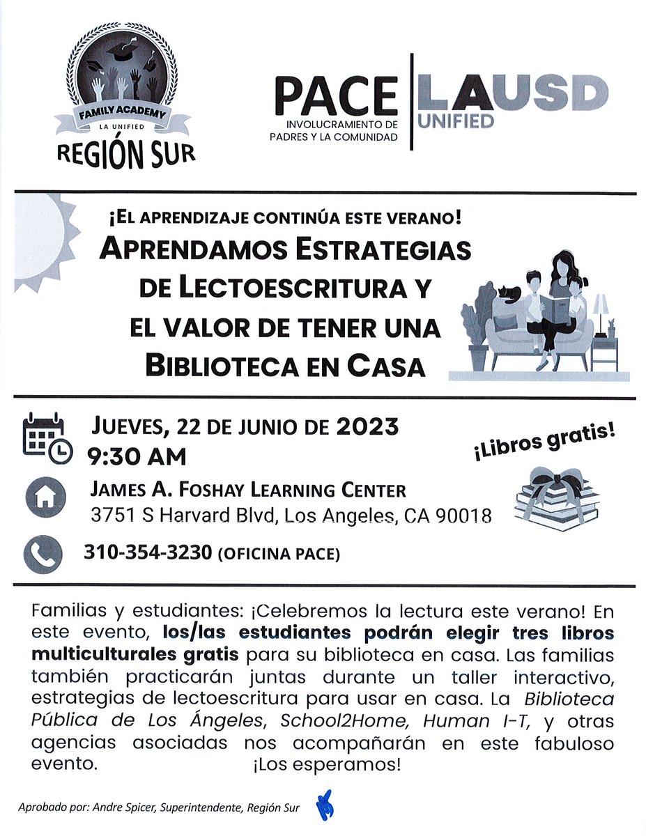 Family Academy- Literacy Strategies Thursday June 22, 2023 at 9:30 AM

Academia Familiar- Aprendiendo estrategias de lectoescritura el
Jueves 22 de junio de 2023 a las 9:30 AM