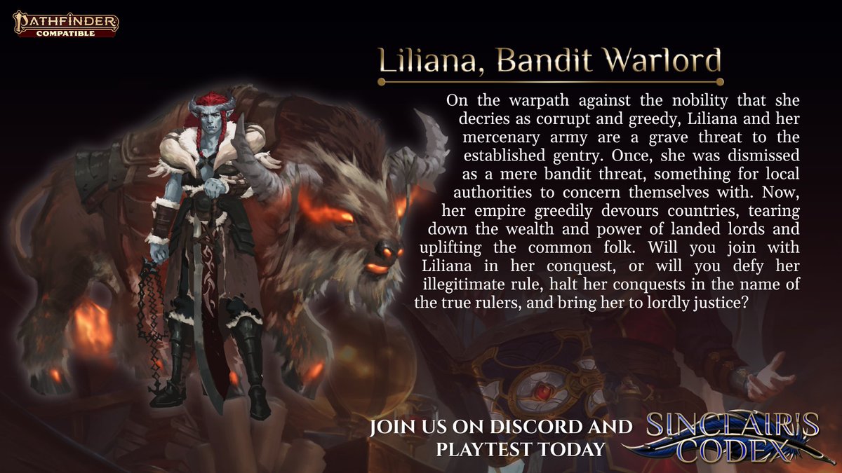 LibrarySinclair's tweet image. The landed gentry fear her, the common populace adore her.
Bandit warlord, or folk hero?
Do you want to find out more? Join the Sinclair&apos;s Library Discord and playtest it today!
(link in bio).
#sinclairslibrary #ttrpg