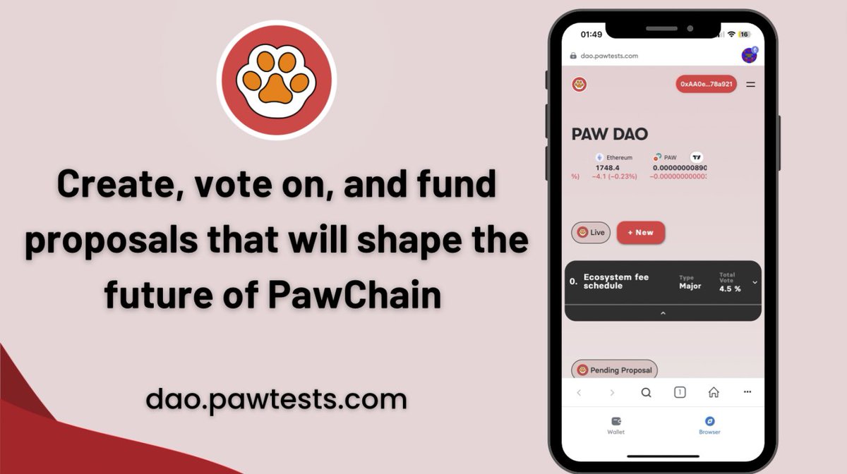 PawChain's tweet image. Being #decentralized does not mean being ungoverned. With #PawDAO, your voice, your vote, and your participation matters! In fact, it directly informs and shapes the future of #PawChain! 🐾

Come be an active participant in $PAW's future at dao.pawtests.com
