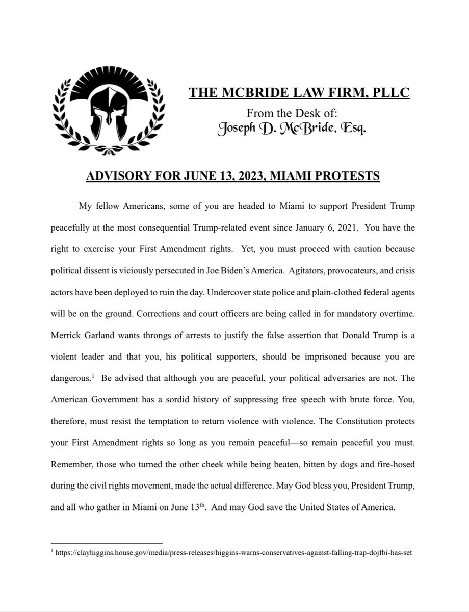 ADVISORY:  🚨🚨🚨

TO THOSE PEACEFULLY EXERCISING THEIR FIRST AMENDMENT RIGHTS IN SUPPORT OF DONALD J. TRUMP ON JUNE 13TH IN MIAMI, FL.