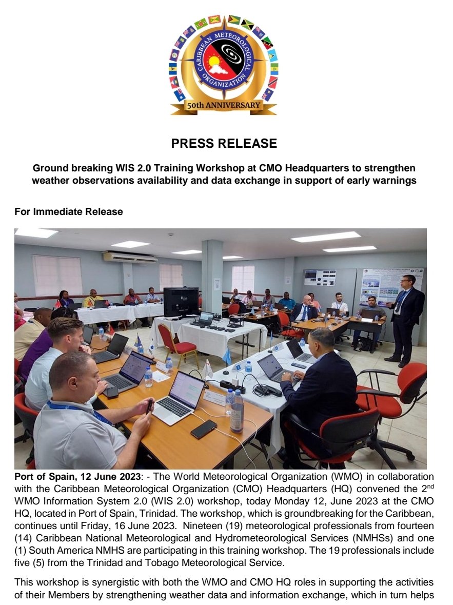 TTMetOffice's tweet photo. Ground-breaking Caribbean Meteorological Workshop on WIS 2.0 is in full swing at CMO
HQ.
19 professionals from 13 English-speaking Caribbean States, 1 Spanish-speaking Caribbean
State, and 1 South American State unite in Trinidad for the game-changing WIS 2.0 workshop.
#WIS2.0 https://t.co/r6GSxkev4f