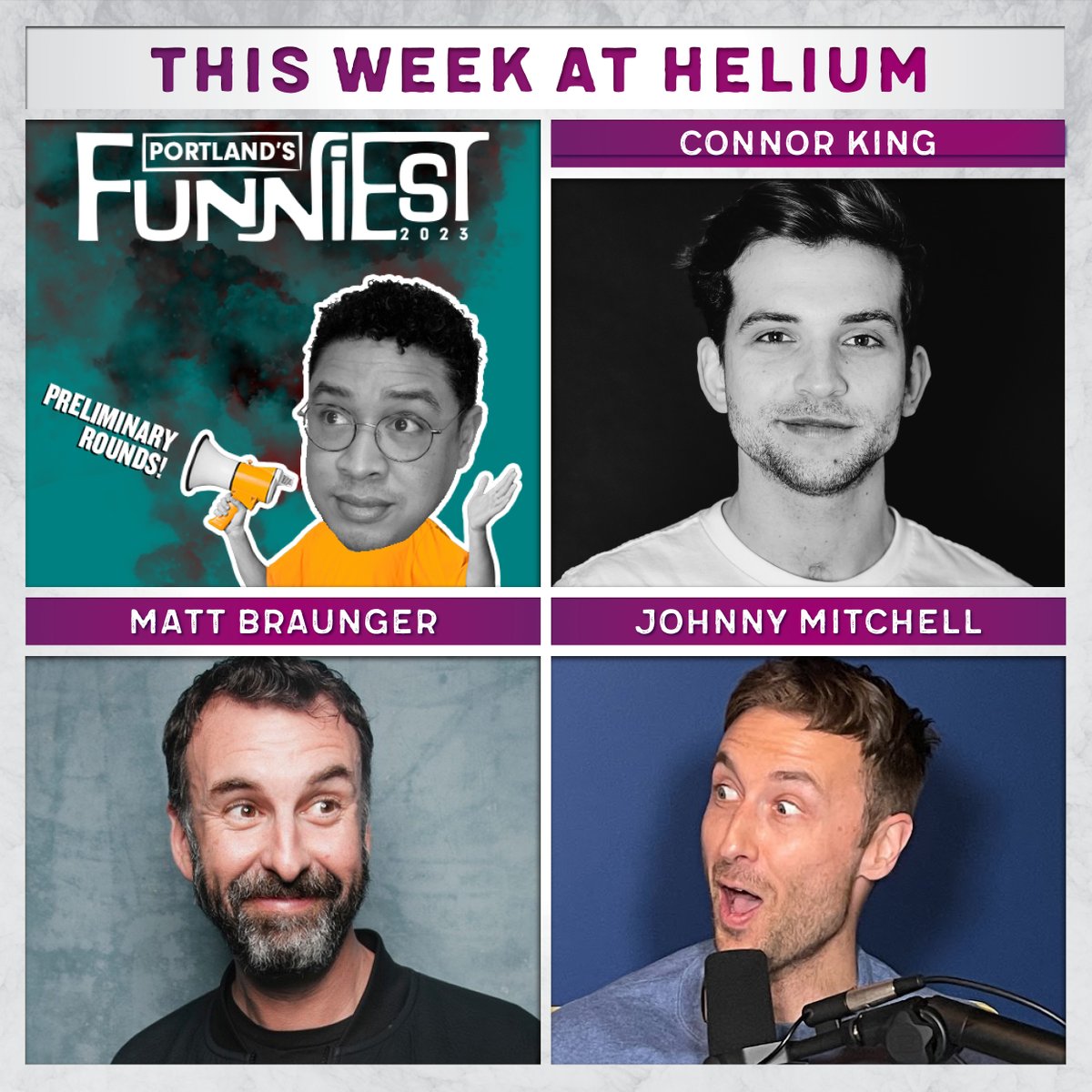 This Week at Helium | the Funniest prelims continue, Connor King on Tuesday, Johnny Mitchell on Sunday, + <a href="/Braunger/">Matt Braunger</a> headlines the weekend! 
Get your tickets here: bit.ly/2Cw2wci