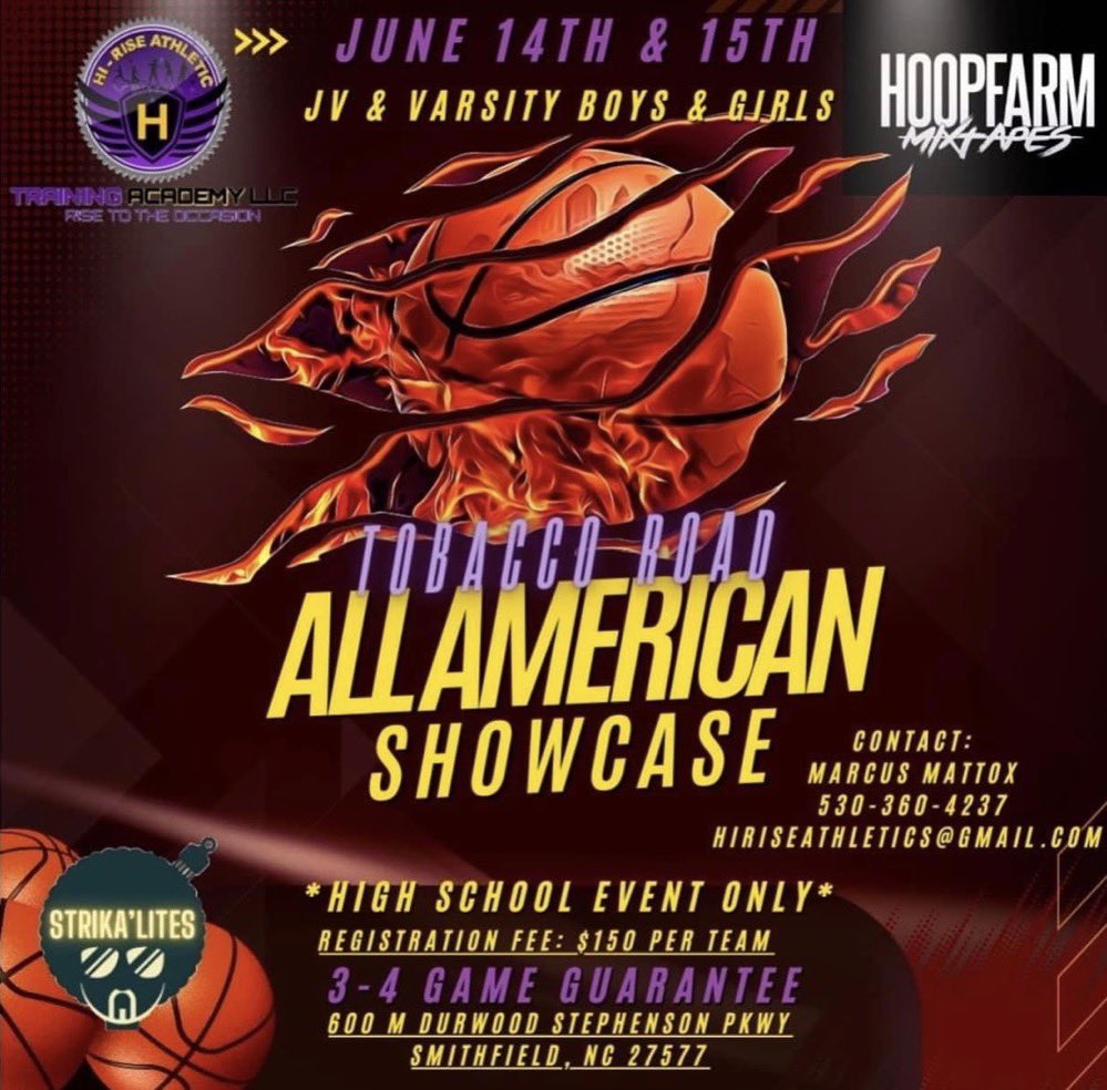 We will be playing in the Tobacco Road All American Showcase on Wednesday and Thursday. Come check out some unsigned talent! @Hiriseathletic1 @Hoopfarm @StrikaNation24_ @HereGoJayAgain