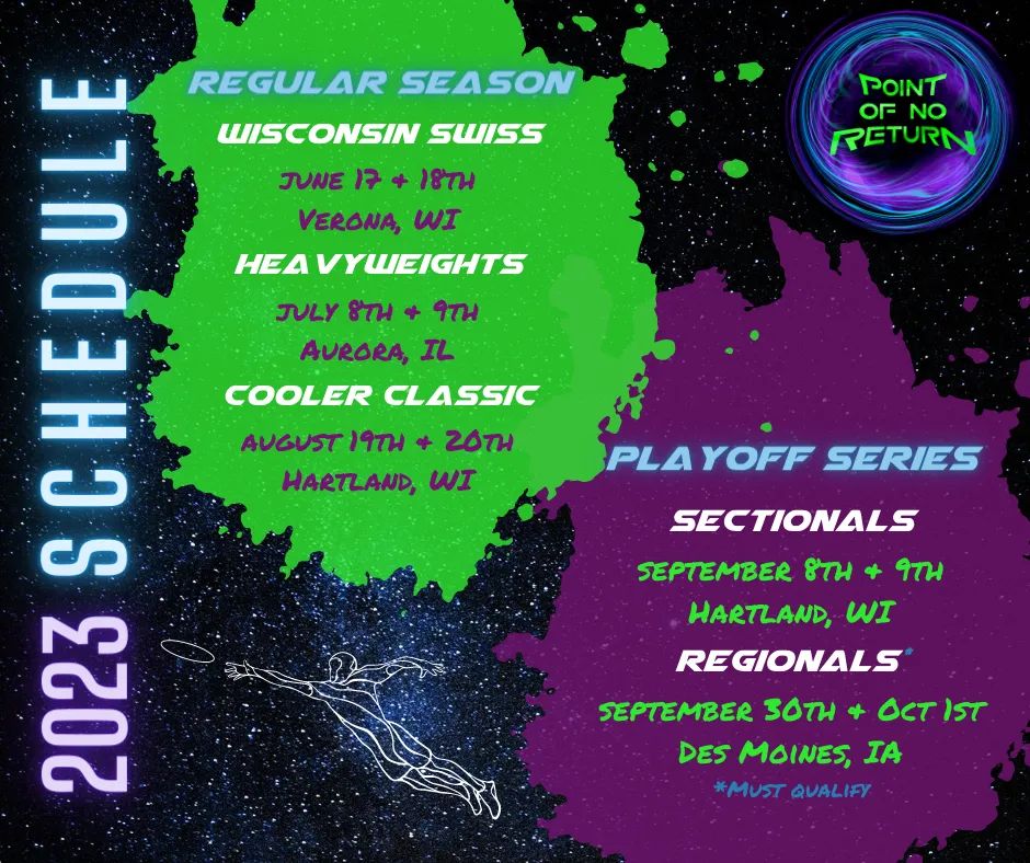 PointUltimate's tweet image. It's tournament week! Point of No Return will be headed to their first tournament this weekend in Verona, WI at Reddan Soccer Fields for @WI_Ultimate 's 2023 WI Swiss tourney!

Come cheer us on! Look for the blue tents and PONR flag!!