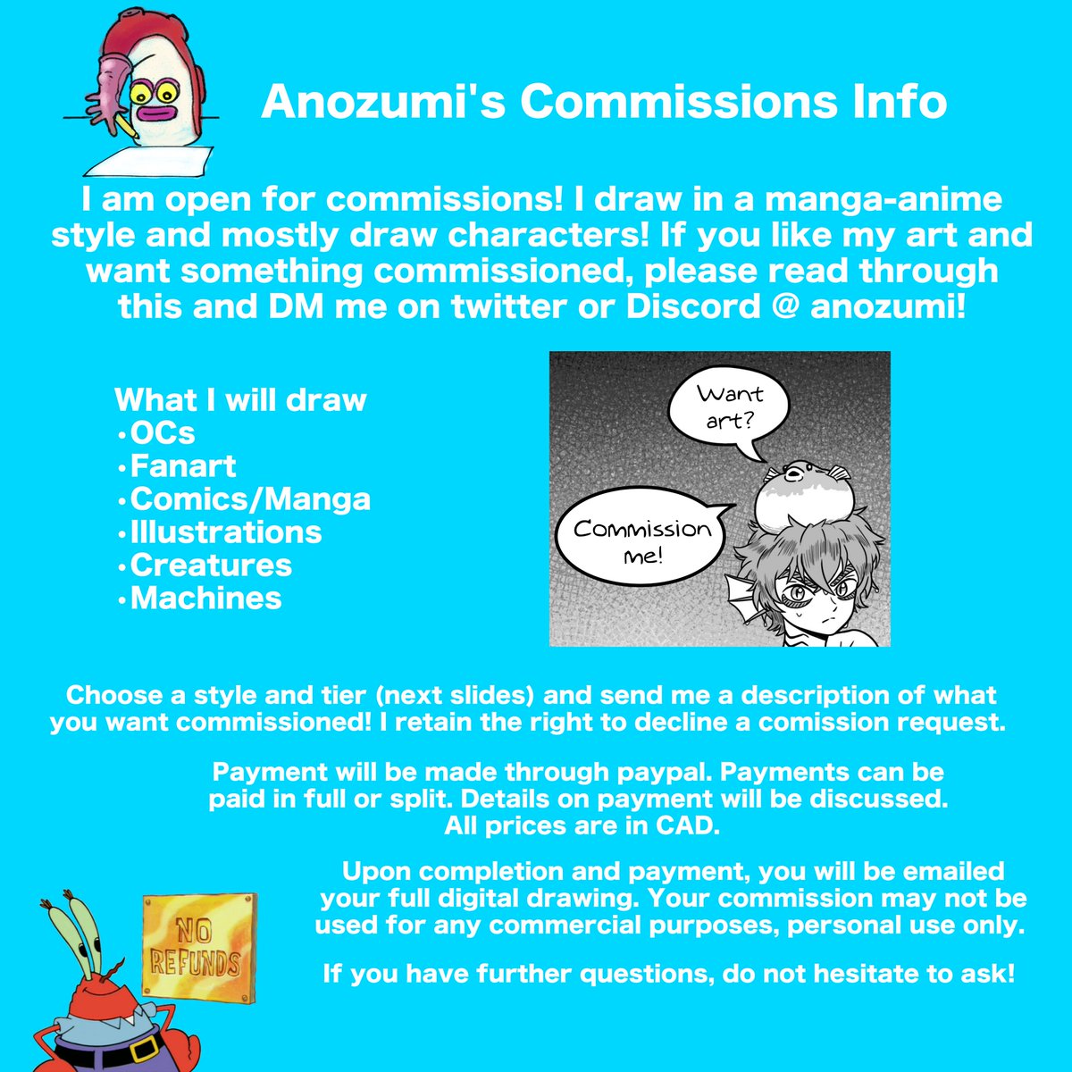 Anozumi1's tweet photo. Updated my Commission Sheet (again)! I can draw your OCs, Splatoon OCs, Comics, Monsters and more! Please give it a read! Retweets are appreciated! DM on twitter or Discord @ anozumi! (1/2) #commissionsopen https://t.co/t4FmnXE7DR