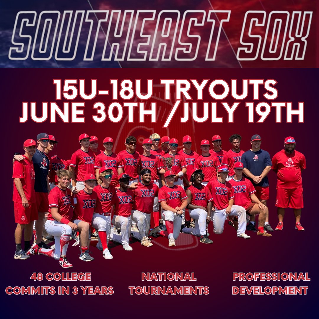 The Southeast Sox have announced the tryout dates! Every single player that has graduated our organization has received an offer to play college baseball. In just 3 years we have had 48 college commits. To register for our tryouts visit our website at southeastsox.com