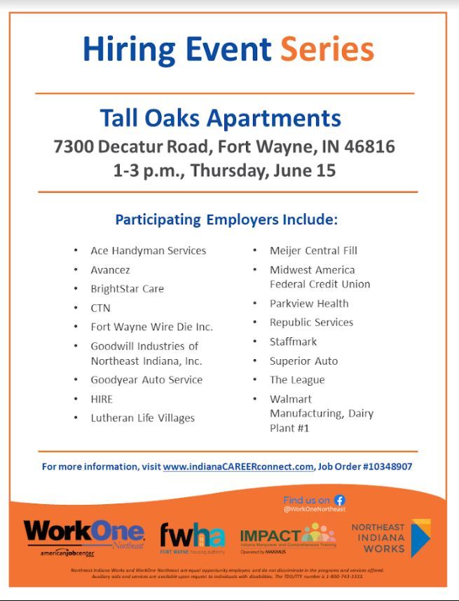Join us for a great hiring event this Thursday June 15 at Tall Oaks Apartments 1p-3p #nowhiring