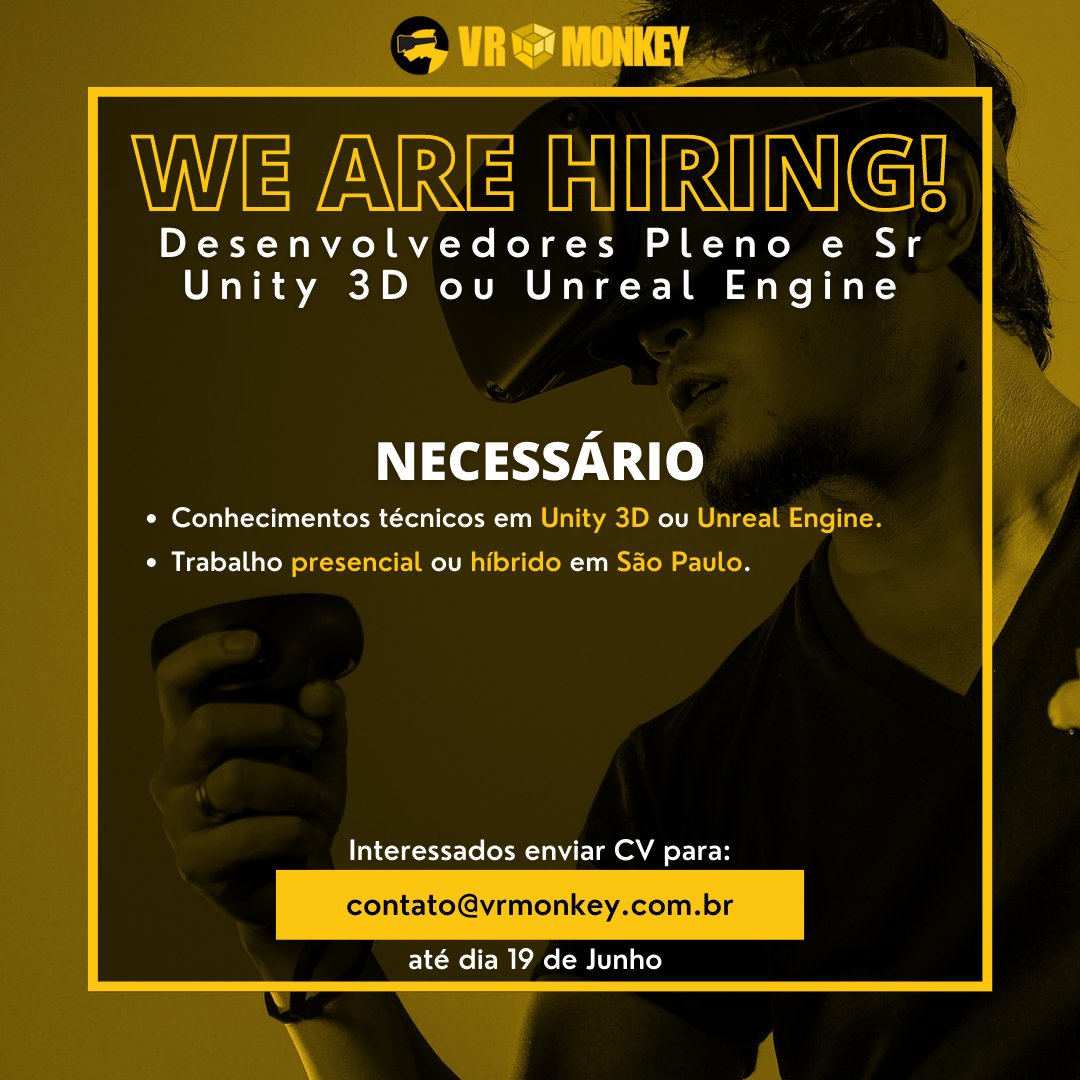vr_monkey's tweet photo. Quer entrar para nossa tribo ou conhece alguém para indicar?! Compartilhe o post com seus colegas ou mande um CV para o email contato@vrmonkey.com.br até o dia 19 de Junho!

#gamedev #vagasdeemprego #unitydev #unrealdev #vagasdev https://t.co/5Lbh8DcYDc