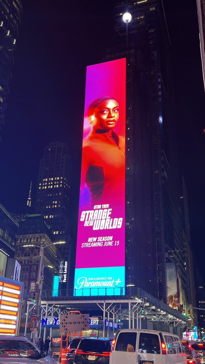 melissaCnavia's tweet photo. Just Celia, towering over Times Square, like she does. Only 3 more days! Have you spotted the crew anywhere? Please share! I don’t get out enough. 🚀 06.15.23 🚀 #StrangeNewWorlds https://t.co/TdCrWHVh1M