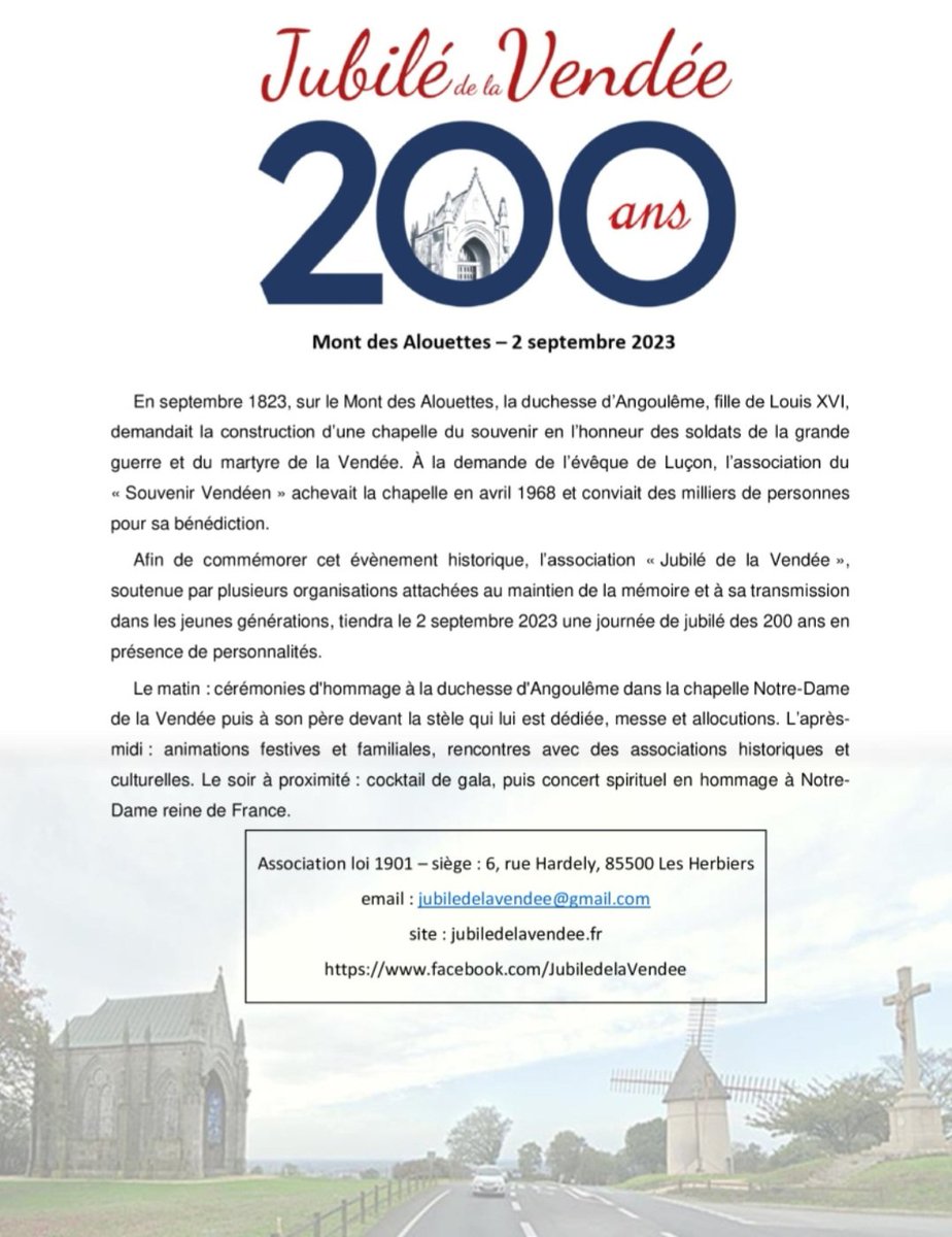 Samedi 2 septembre 2023 : RDV au Mont des #Alouettes pour une exceptionnelle commémoration en souvenir du martyre de la #Vendée. 
Présence de personnalités (liste bientôt publique)...