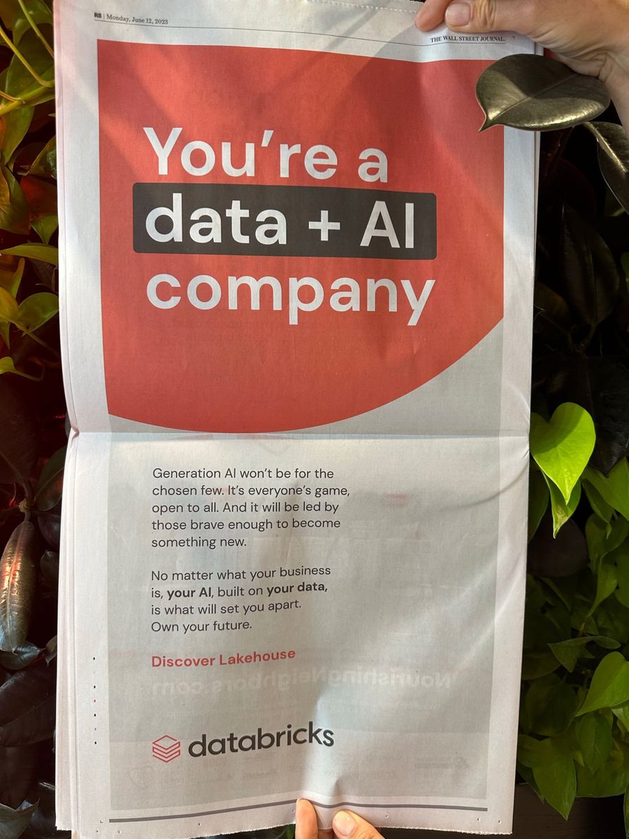 databricks's tweet photo. Spotted in @WSJ today! 

#GenerationAI is open to all. Every company is a data + #AI company. What will set you apart? https://t.co/cflAUQafDm