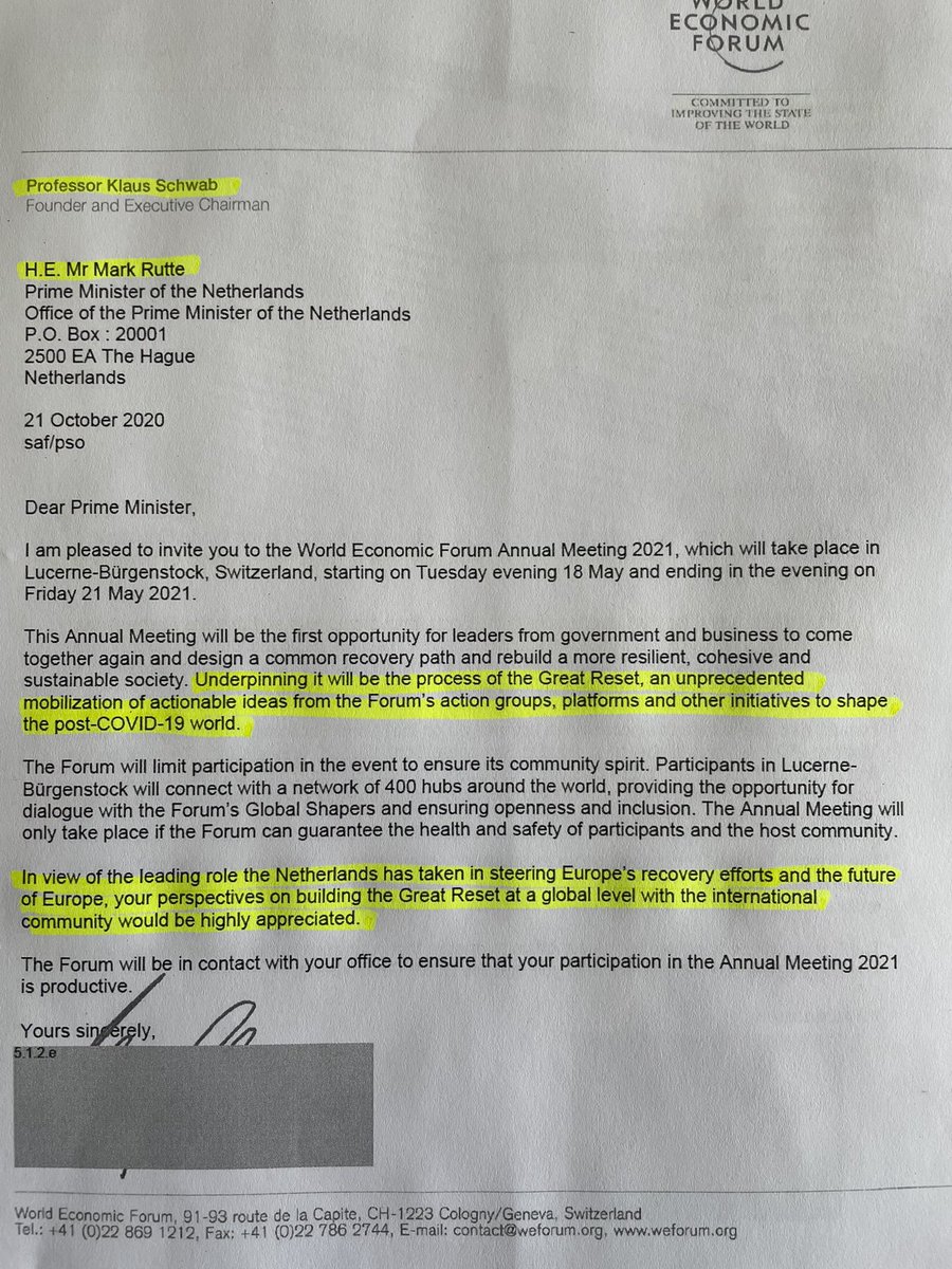 This letter from Klaus Schwab to Rutte has just been made public, it’s the first letter that proves Klaus Schwab controls governments…

The letter outlines plans for the Great Reset and commends Mark Rutte for his obedience to the World Economic Forum…

It also proves Klaus…