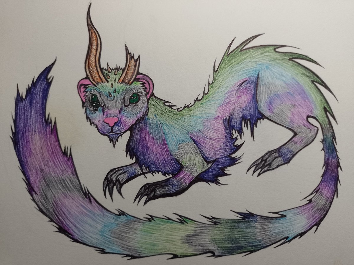 What happens when #MustelidMonday is also #MonsterMonday?
This cute little guy was drawn with coloured #ballpointpens with a little bit of #acrylic pen for the eyes and ears.

#artistsontwitter #art #fantasy #FantasyArt #Ferret #Weasel #OC #OriginalCharacter #TraditionalArt