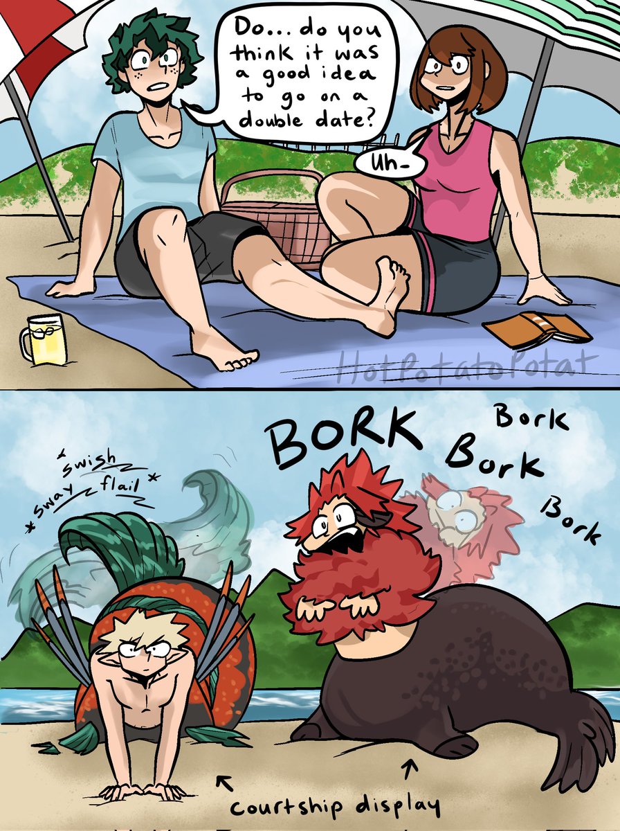 Deku and Ochako go on a double date with Bakugou mer and Kirishima seal...

But the two mer get a bit competitive...

[#mha #bnha #mermaidau #bkdk #kiriocha]