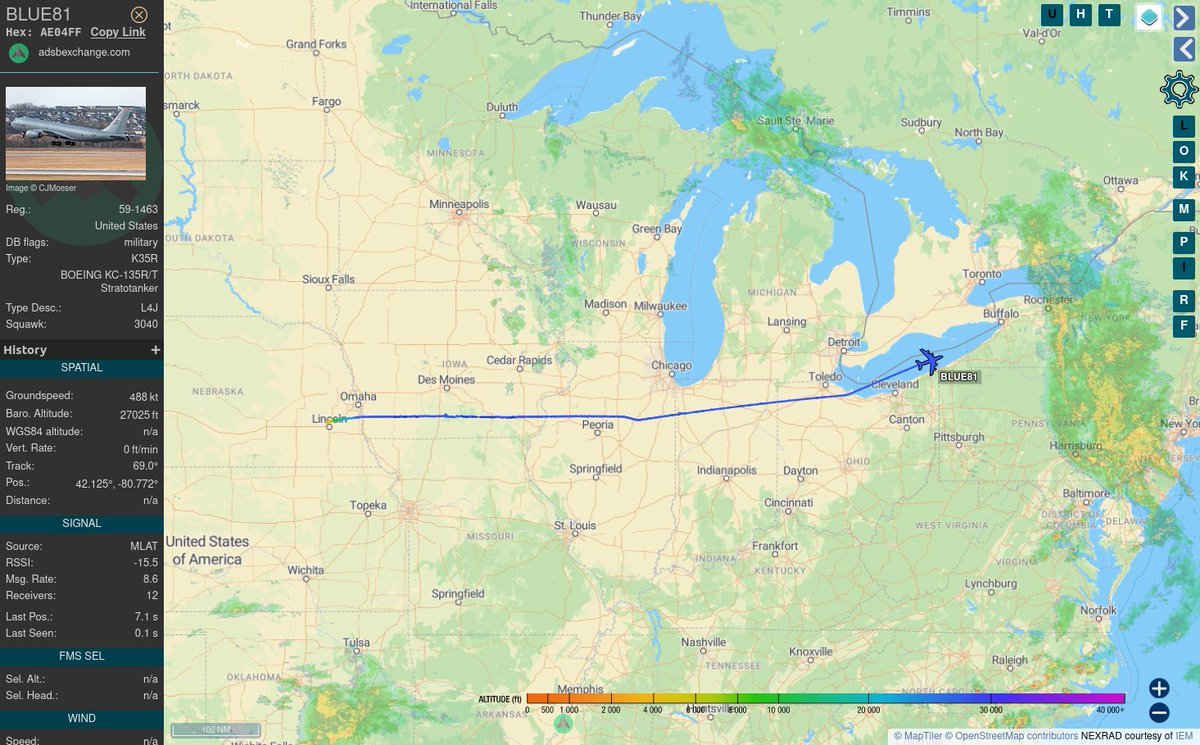 TheIntelFrog's tweet photo. US Air Force KC-135 Stratotanker #AE04FF as BLUE81 is outbound from Lincoln, NE.  

The call sign indicates this aircraft is on a CORONET mission helping aircraft cross the Atlantic ocean who would otherwise have to make fuel stops along the way. https://t.co/TZRFnCPs2B