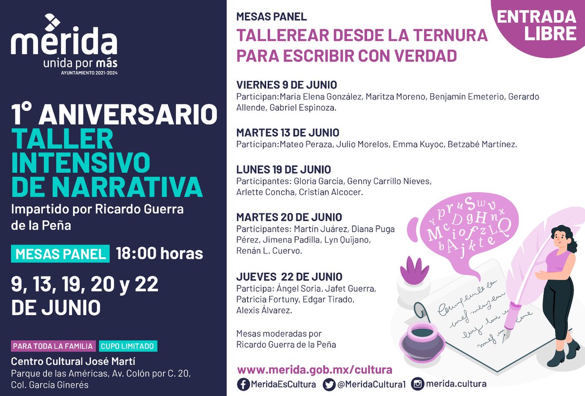 MeridaCultura1's tweet photo. 🖋📖 Ven a escuchar las experiencias y textos de quienes abrazan la literatura para compartir sus ideas, emociones y más. ¡Seguimos celebrando el primer aniversario del Taller Intensivo de Narrativa en el Centro Cultural José Martí! #MesaPanel
@RicardoGuerraP @RenanBarrera https://t.co/j3Q6asDjVs