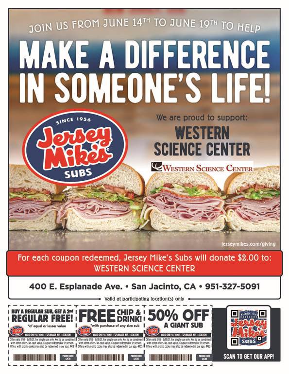 There’s a new @jerseymikes coming to San Jacinto on 6/14, and they’ve chosen to support WSC and donate $2 to the museum for every coupon redeemed from June 14th - June 19th! Grab a coupon below and check out the New Jersey Mike’s during their grand opening this Wednesday!