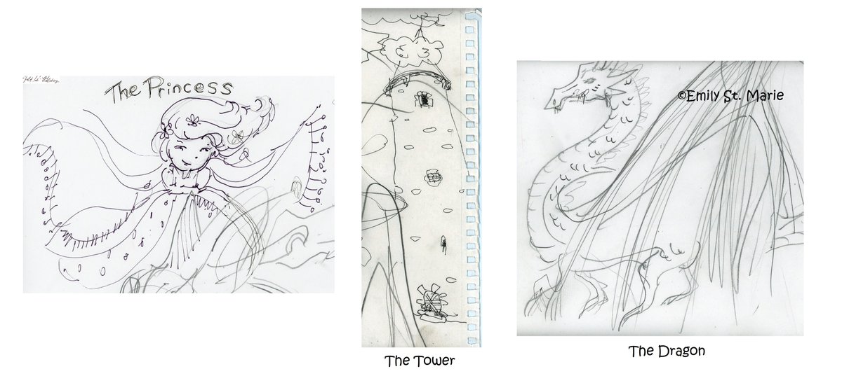 Some early sketches I made for the upcoming children's book (Wild Ink Publishing, August 2023). The Princess and the Dragon changed a bit from here to the final version, but the tower is basically the same. 
#art #childrensbookart